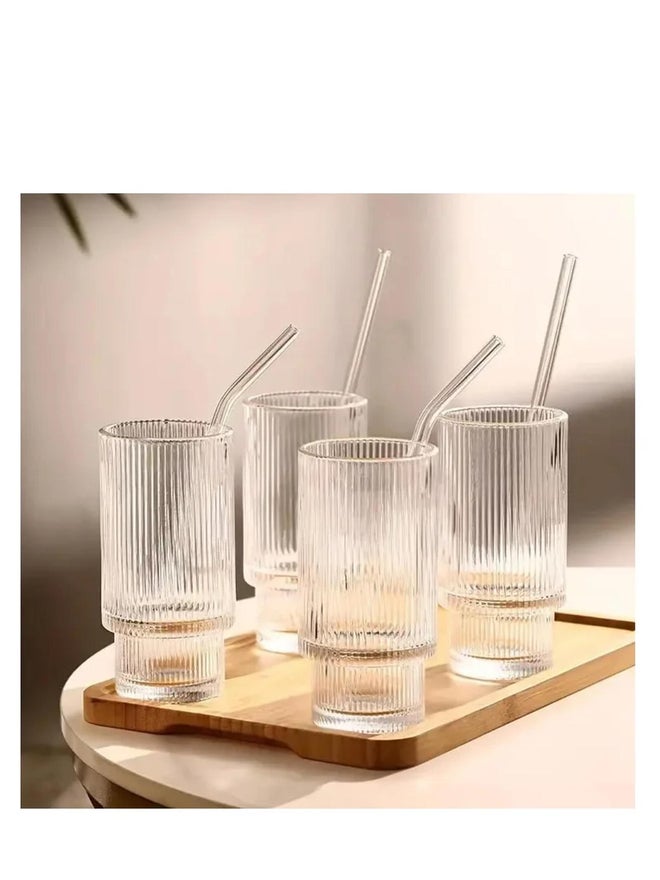 1CHASE Set of 4 - Ribbed Drinking Glasses with Glass Straws 450ml - Image 3
